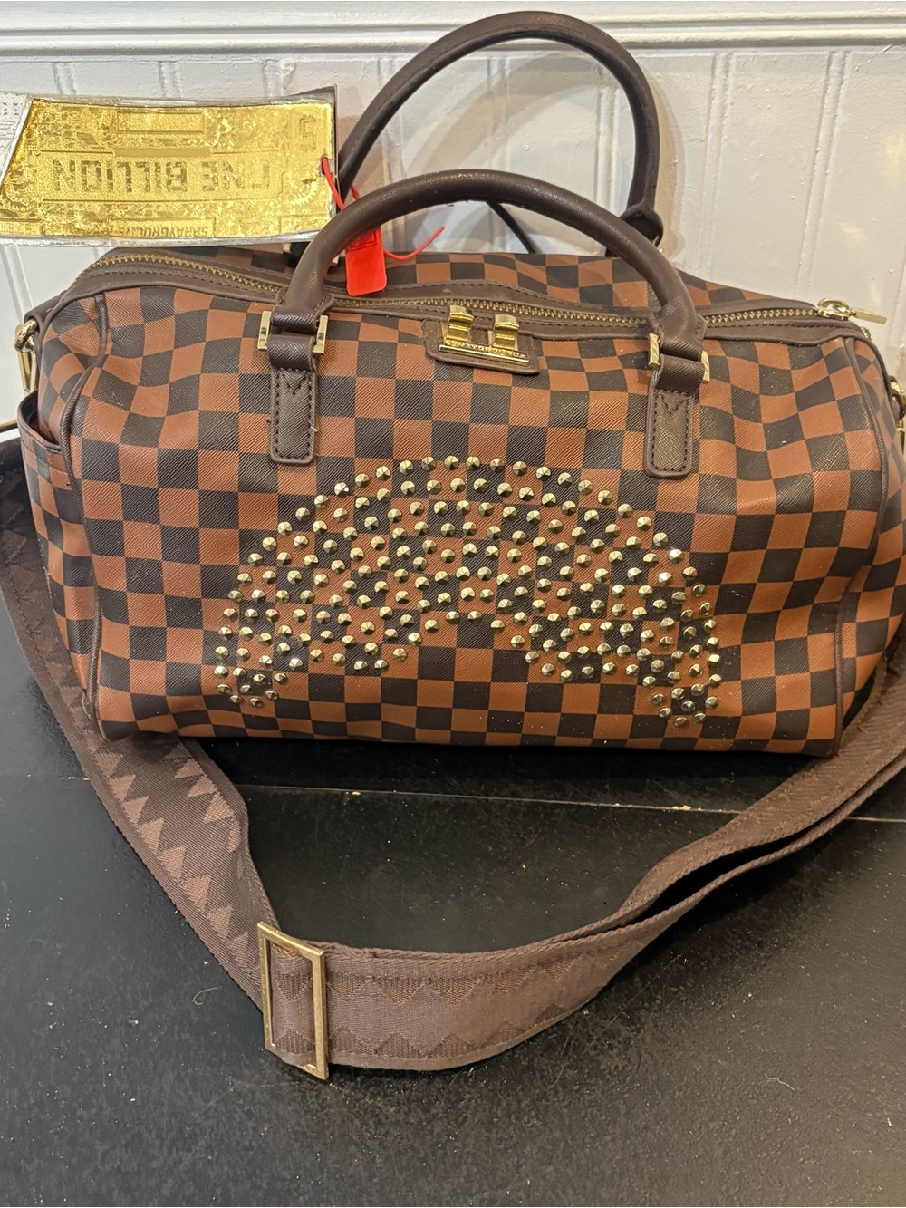 Sprayground Brown Checkered Studded Crossbody Weekender